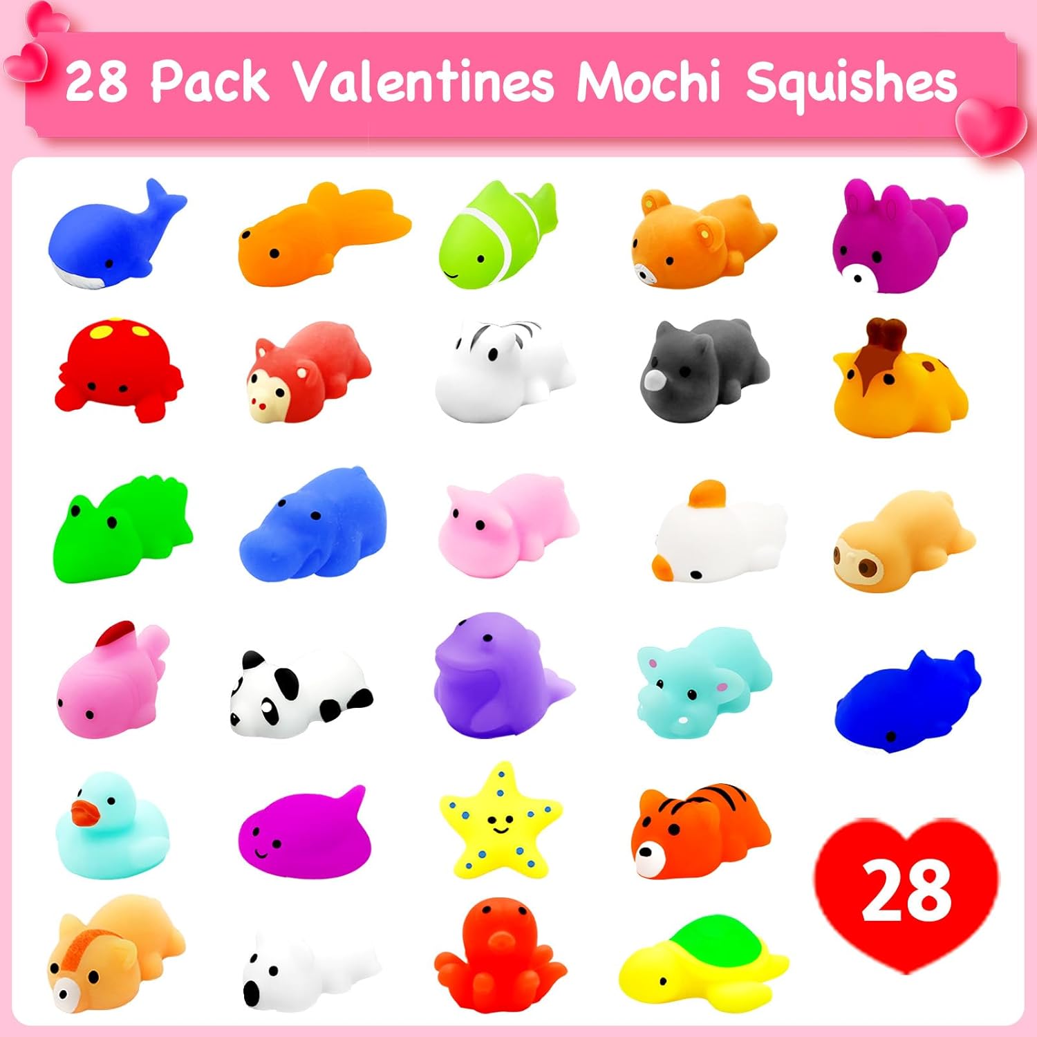 28 Packs Valentine Mochi Squishy Toys with Valentine Cards Animal Squishies for Kids Valentines Day Gift Exchange Classroom Prizes Valentine Party Favors Supplies