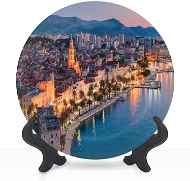 Decorative Ceramic Plates for Display with Stand, 8" Night View Split Old Town Croatia Dinner Plate for Wall Hanging Tabletop Decor Home Housewarming Gifts