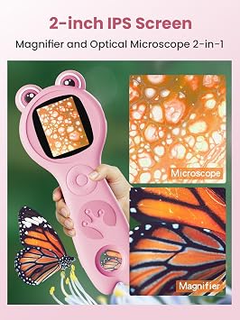 Microscope for Kids, Portable Digital Microscope with 500X Magnifying Glass, Handheld Camera Mini Pocket Magnification, Educational Christmas Birthday Gifts for Ages 4 5 6 7 8 9 10 11 12, Pink