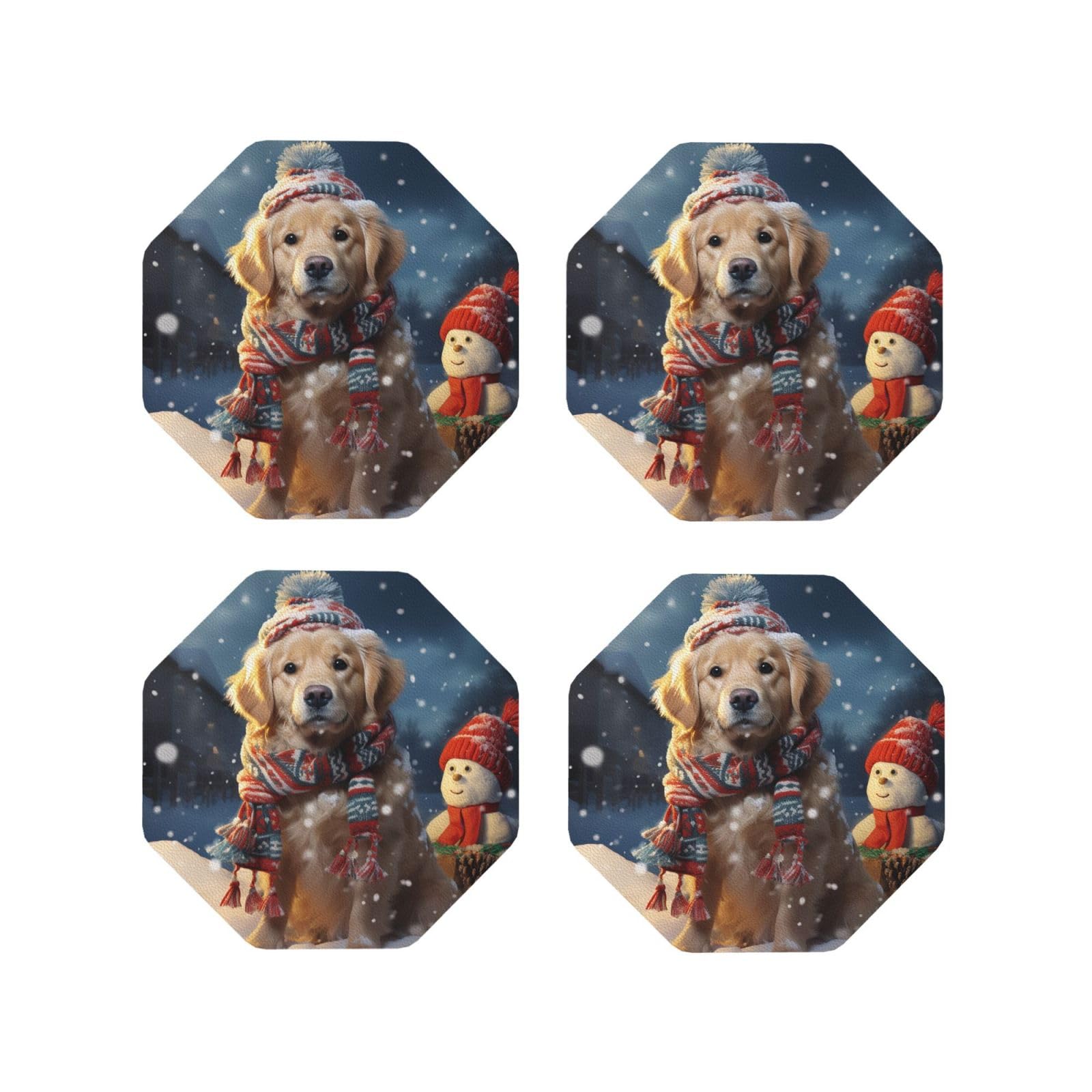 4Pcs PU Leather Coaster for Drinks, Merry Christmas Cute Dog Snowman Cup Coastersr 4" Cup Mat Pad, Aesthetic Drink Coasters for Coffee Table, Octagon Coaster for Tabletop Protection