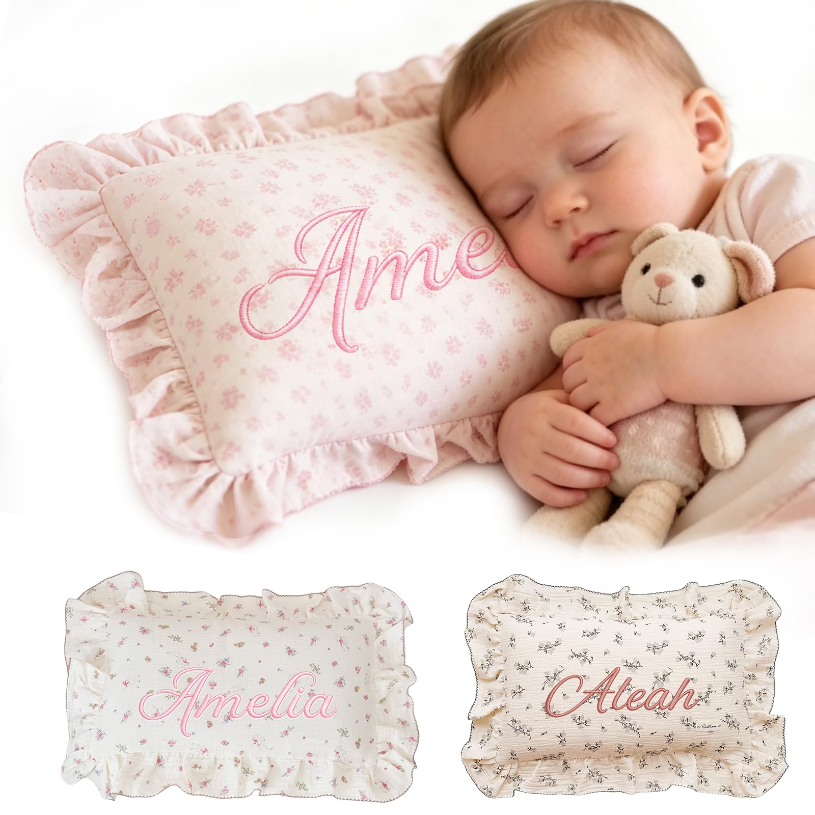 BLEGGEIT Personalized Toddler Pillowcase for Kids Boy Girls, Custom Embroidered Name, 100% Cotton Ruffle Edge Baby Pillows Cover, Envelope Closure, Travel Pillow Covers, Gifts for Newborn, 12"x20"