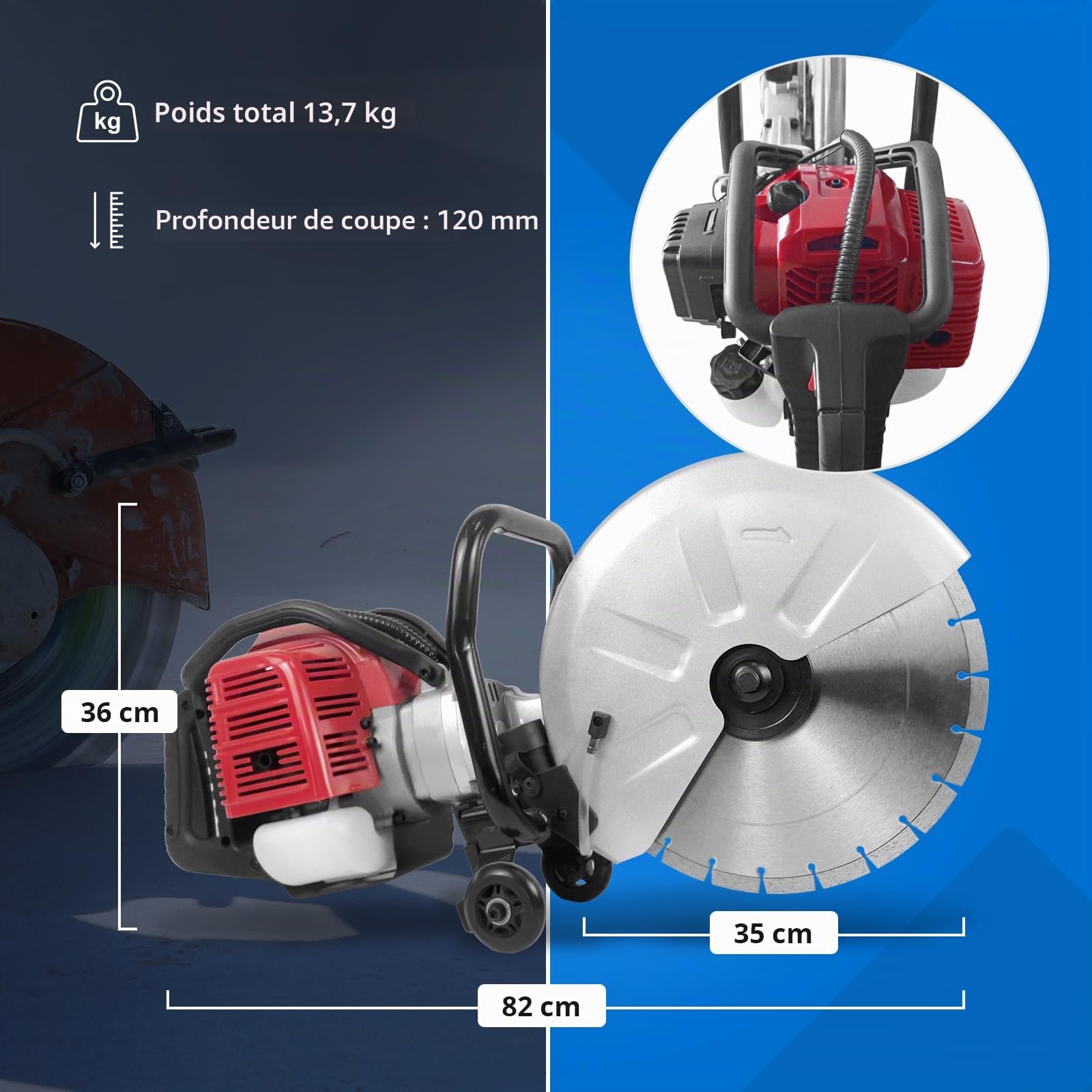 MSW Scie à béton - thermique - 2500 W - profondeur de coupe 120 mm Découpeuse à disque Tronçonneuse à béton