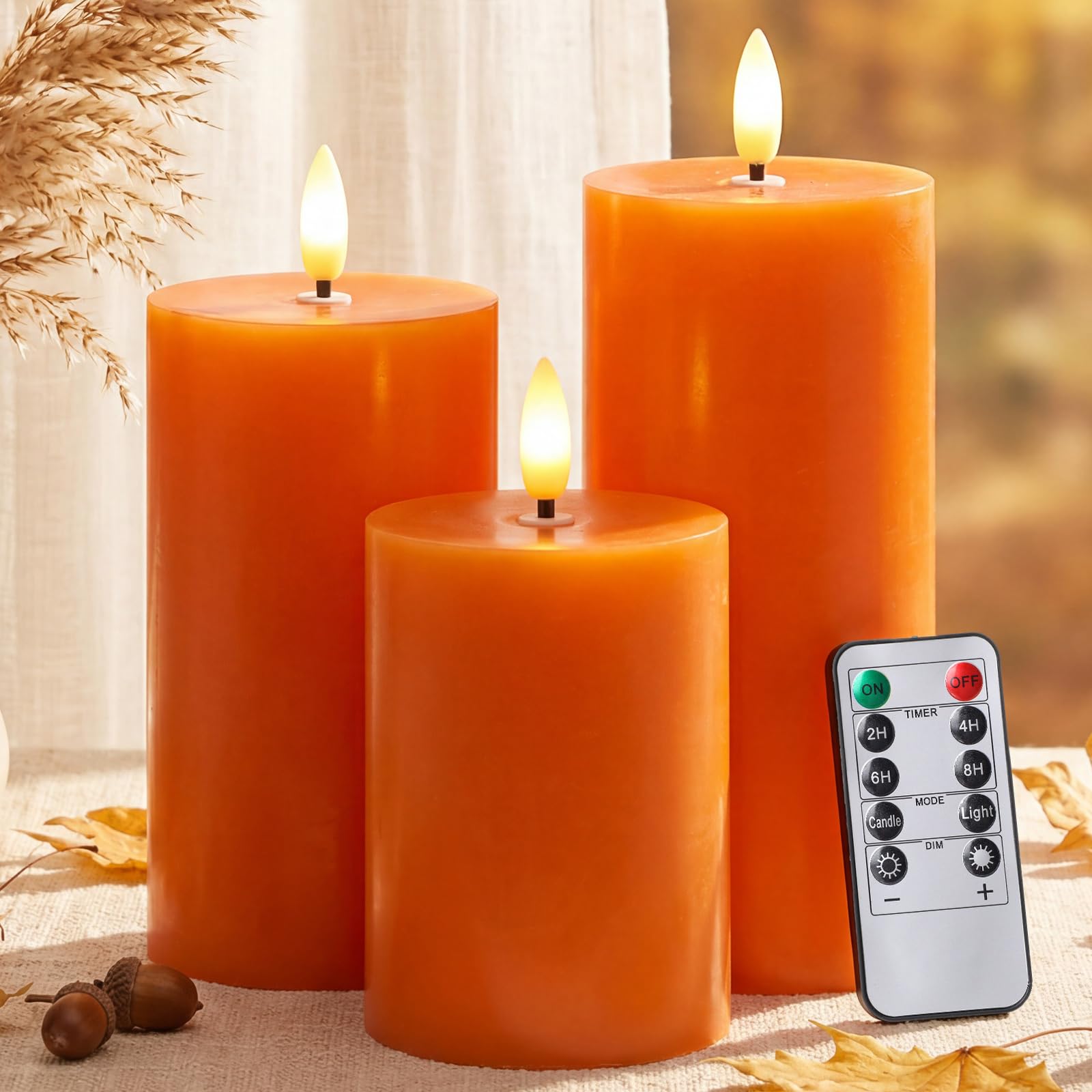 Retisee Set di 3 candele senza fiamma arancioni a LED in vera cera, con telecomando e timer, funzionamento a batteria, candele finte per il giorno del Ringraziamento, decorazione per la casa autunnale