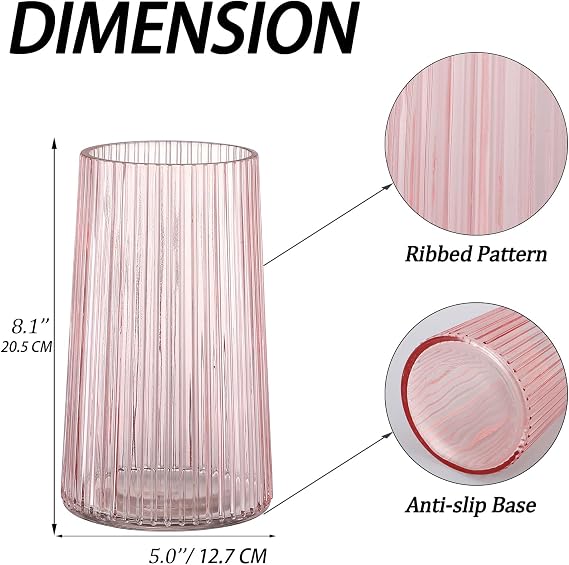 Pink Glass Vase for Flowers Ribbed Vase Flower Vases for Bouquet Modern Glass Vases for Living Room Bedroom Dining Table Office Shelf 20cm