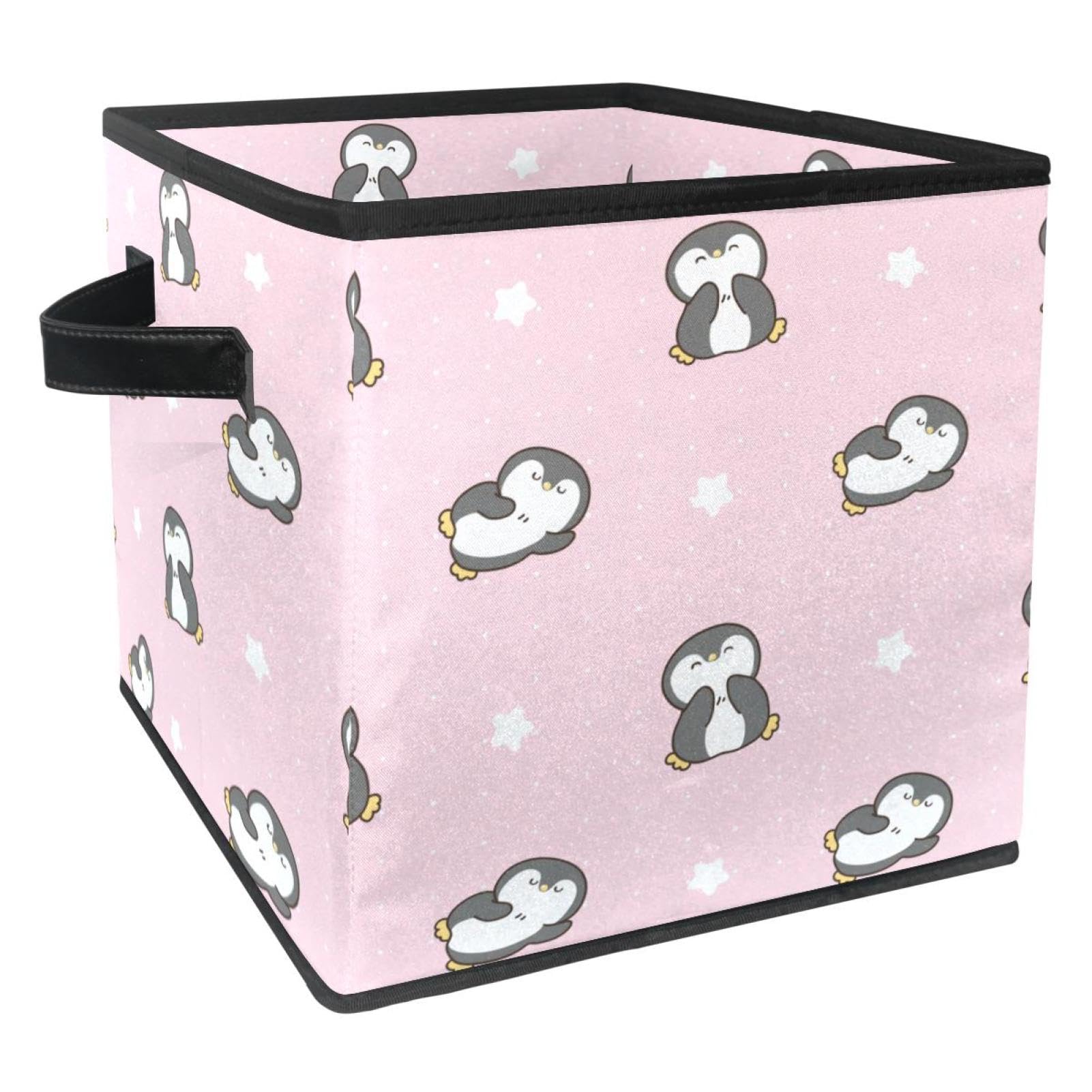 Boîte de rangement en tissu pingouin rose avec poignées latérales solides