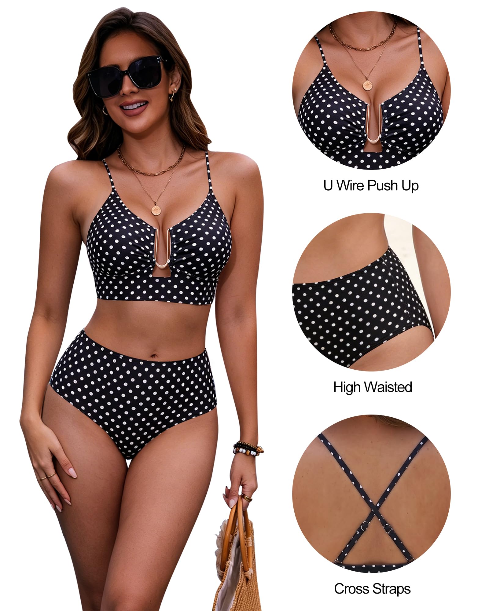 HORISUN Bikini de cintura alta para mujer, de dos piezas con tirantes ajustables, cierre de metal en U, push up, moldeador de figura, traje de baño para vacaciones en la playa, piscina
