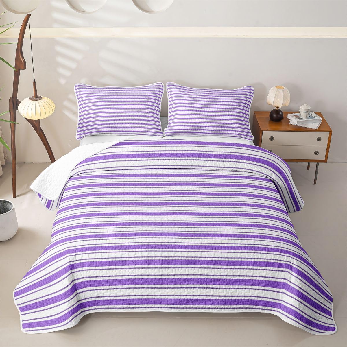 Homewish Set copriletto trapuntato a righe viola e bianche per letto king
