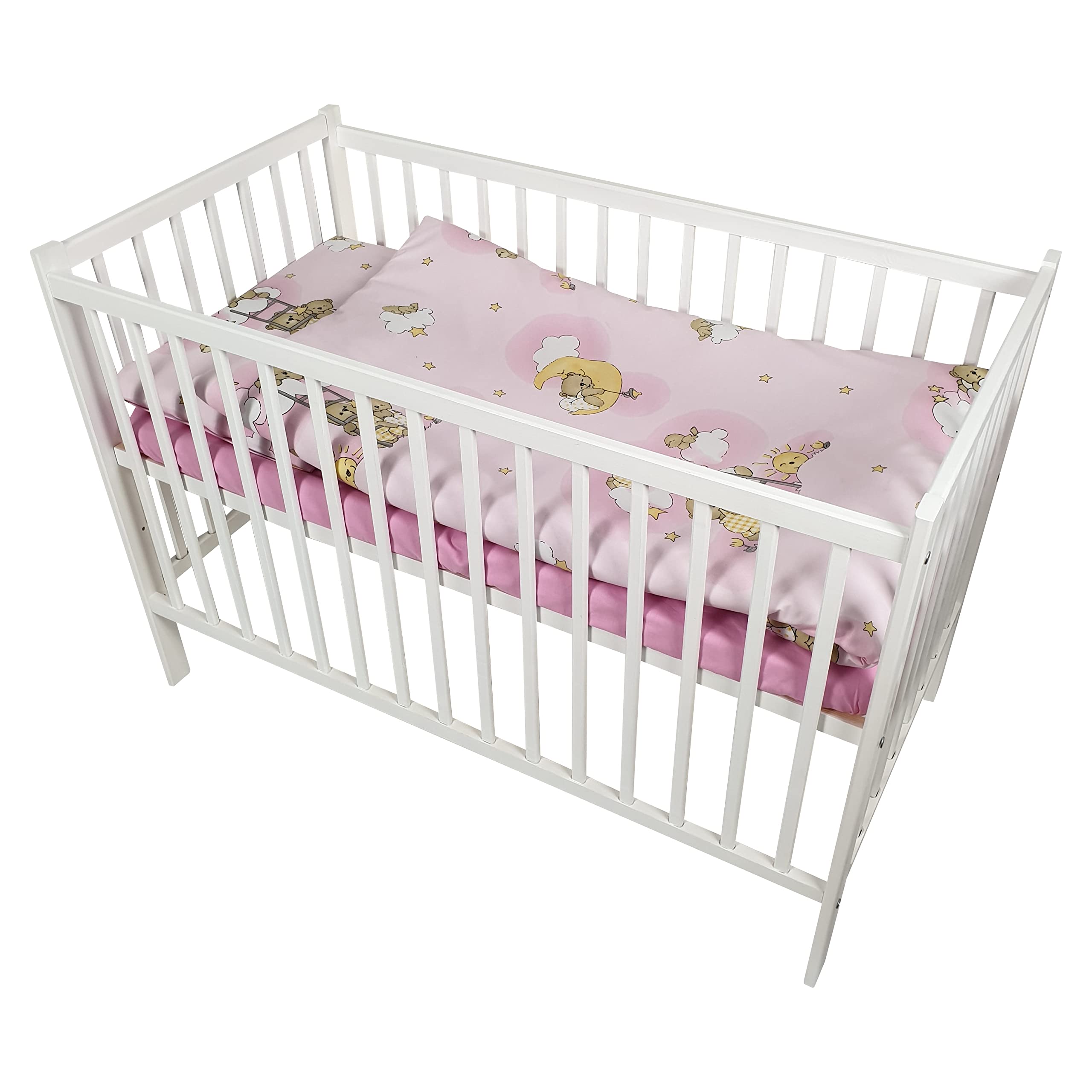 16 Teiliges Babybett Kinderbett und Bettwäsche komplett Set Happy höhenverstellbar für Neugeborene Babys und Kleinkinder aus Massivholz in fantastischen Farben (Rosa Teddybär auf Leiter)