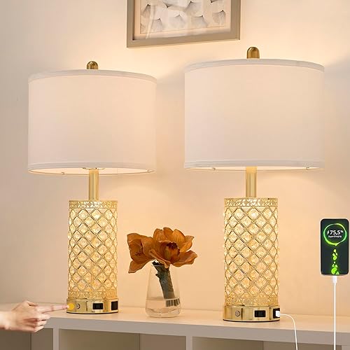 Miniatura 16 de Lámparas de Mesa de Cristal Regulables de 3 Vías Lámpara de Dormitorio con 2 Puertos USB y Enchufes de CA para Sala de Estar Lámpara Retro de Mesita