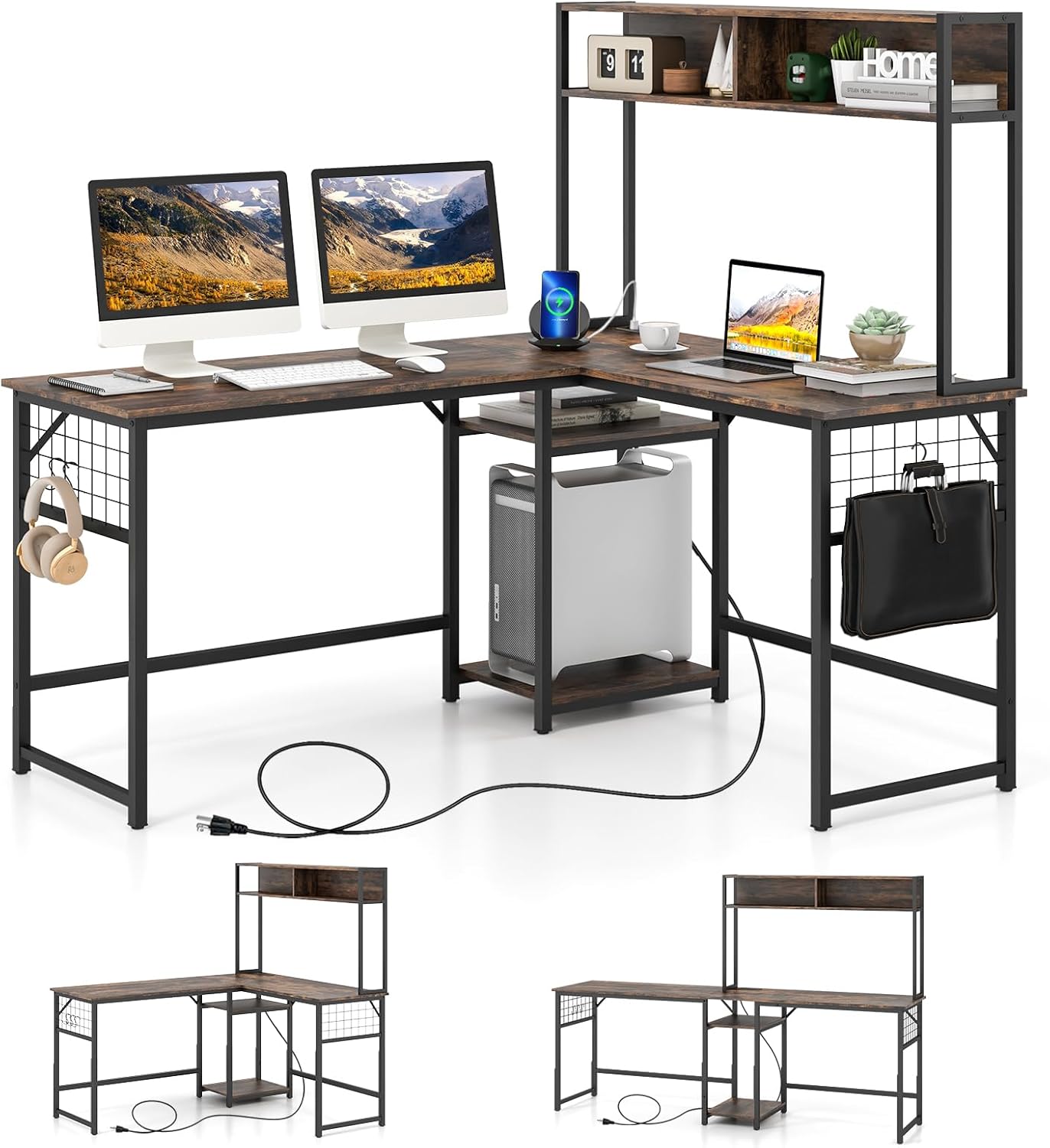 Tangkula L-Shaped Desk Converts to 2-Person Long Desk with Hutch, Power Outlet & 3 Removable Hooks, Perfect for Home Office or Gaming (Rustic Brown)