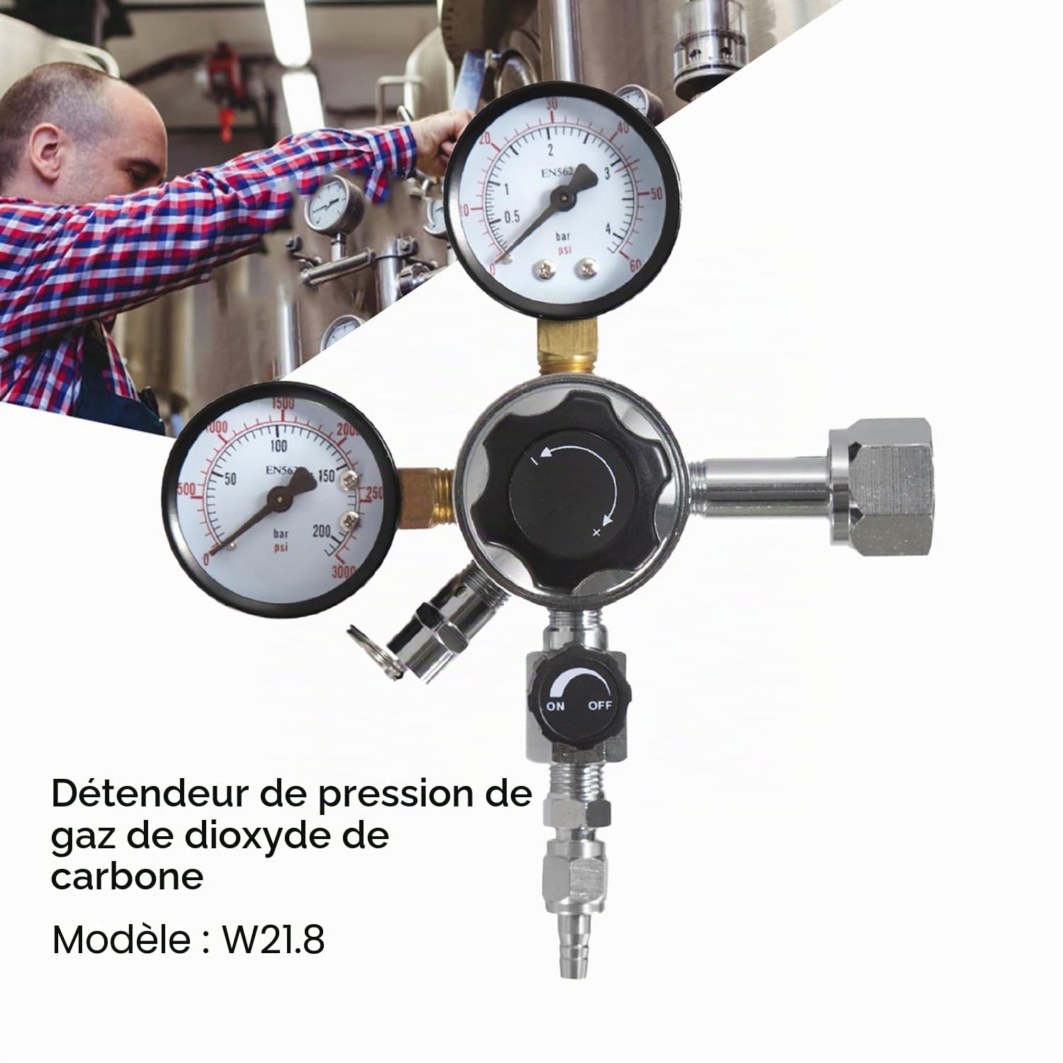 Régulateur De Pression Co2,Détendeur Bière,Réducteur De Pression Co2 De Fût,Double Manomètre w21,8,Pression De Service 0-60 Psi,Pour Distributeurs De Bière, Brassage De Bière, Tireuse à Bière