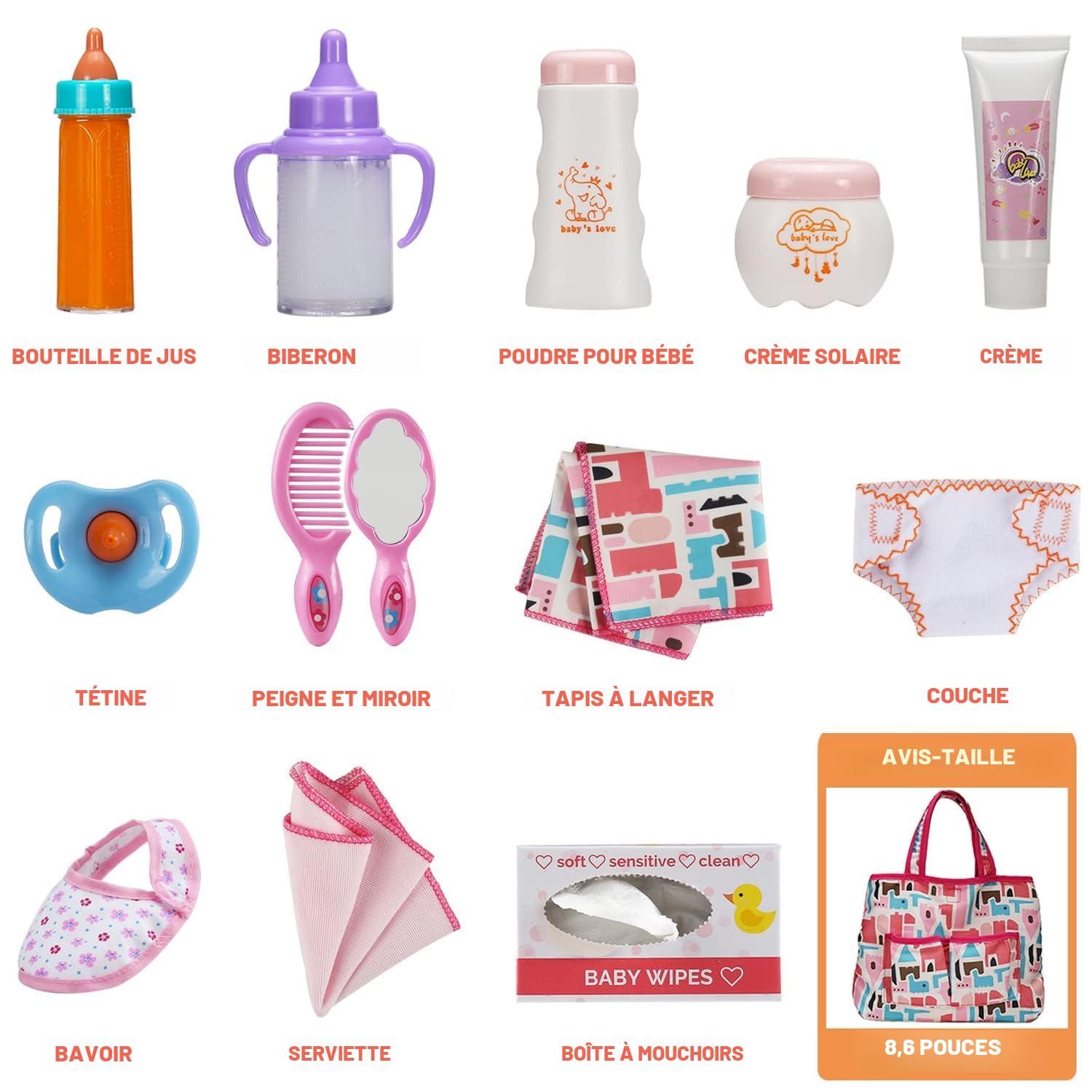 Accessoires pour poupée howa sac à langer pour poupée miniflowers incl. 7 pièces d'accessoires 2960