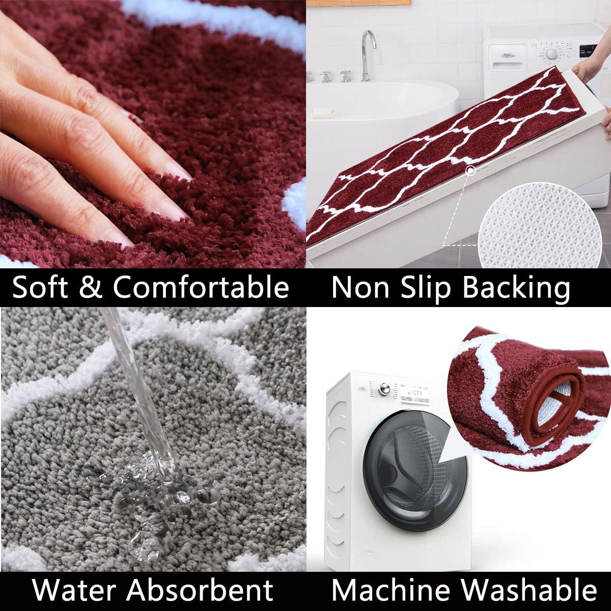 U'Artlines 2 Piece Bathroom Rug Non Slip Bath Mat Shaggy Soft Microfiber Machine Washable Area Rug Water Absorbent Shower Mats for Floor Kitchen Doormat (18''x26'' 2pcs, Wine Red)