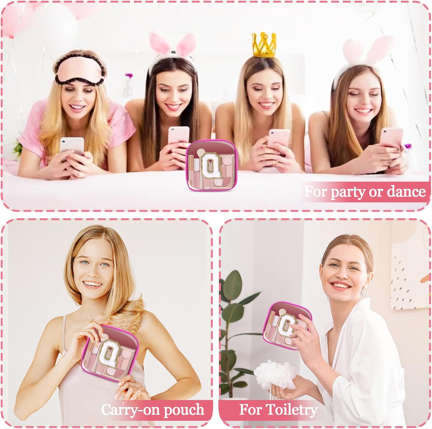 Mini Clear Personalized Initial Makeup Bag,Small Nylon Waterproof Zip Beach Cosmetic Pouch,Preppy A-Z Chenille Letter Patch Cute Coin Purse Travel Toiletry Bag Car Pack Bag for Women(Hot Pink-White Q) - Image 6