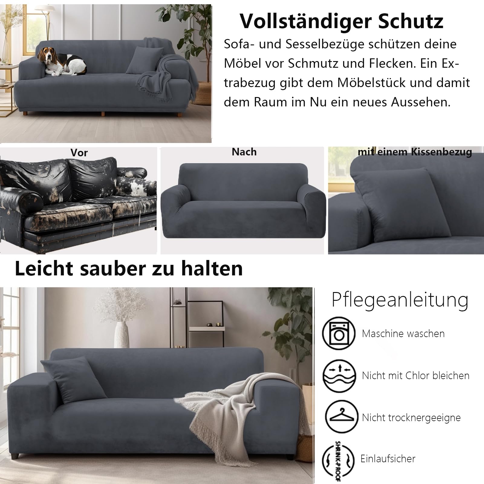 Dicke Samt Sofa Überwürfe Sofabezug mit einem Kissenbezug, Superweicher Elastische Sofa Abdeckung in Grau Farbe für 1/2/3/4 Sitzer（L-förmiges Ecksofa erfordert Zwei）