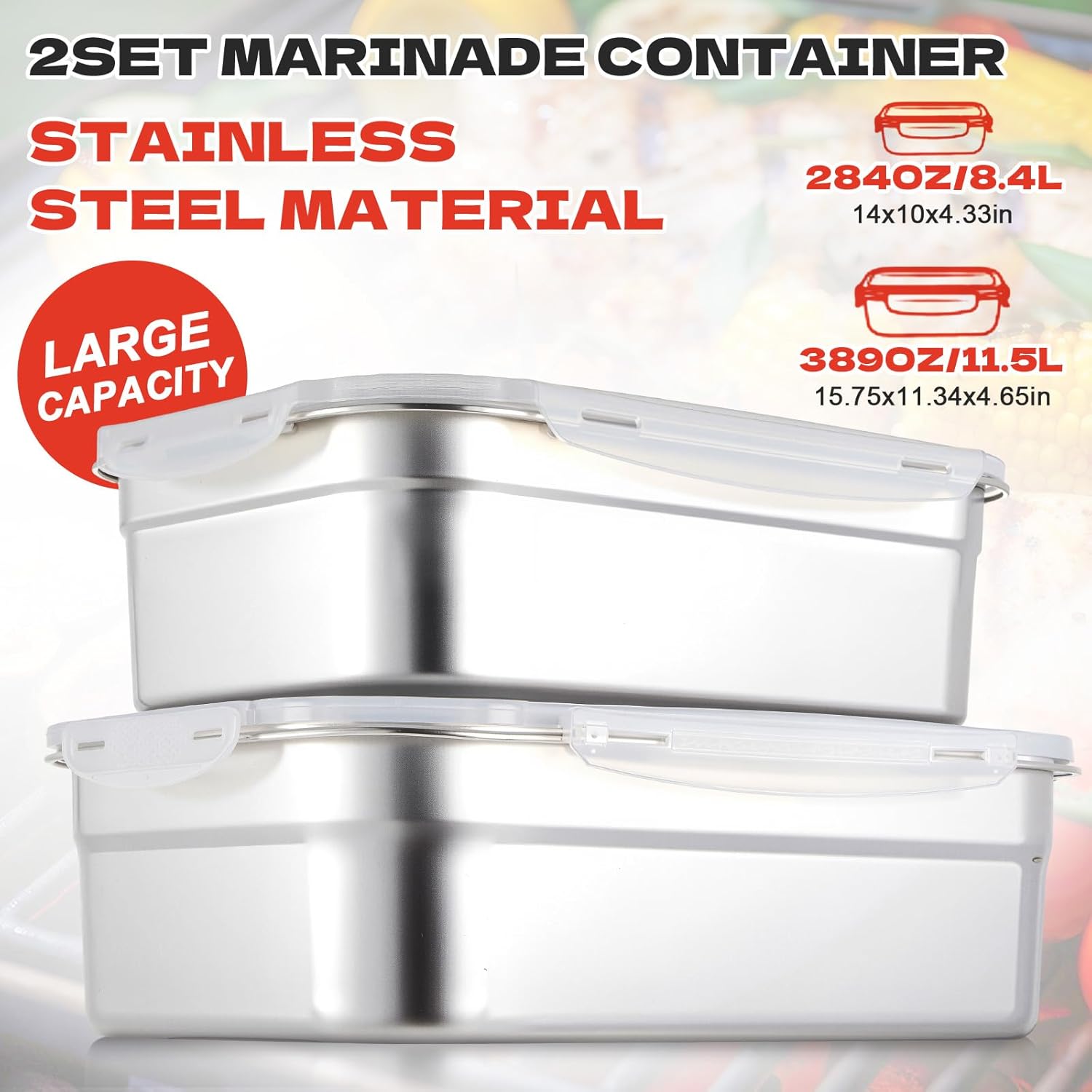 2pcs Large Stainless Steel Marinating Containers with Lids, Food Storage Containers for Refrigerator, Leak-proof & Stackable for Meal Prep,Turkey, Meat, Bacon (389oz/11.5l + 284oz/8.4l)