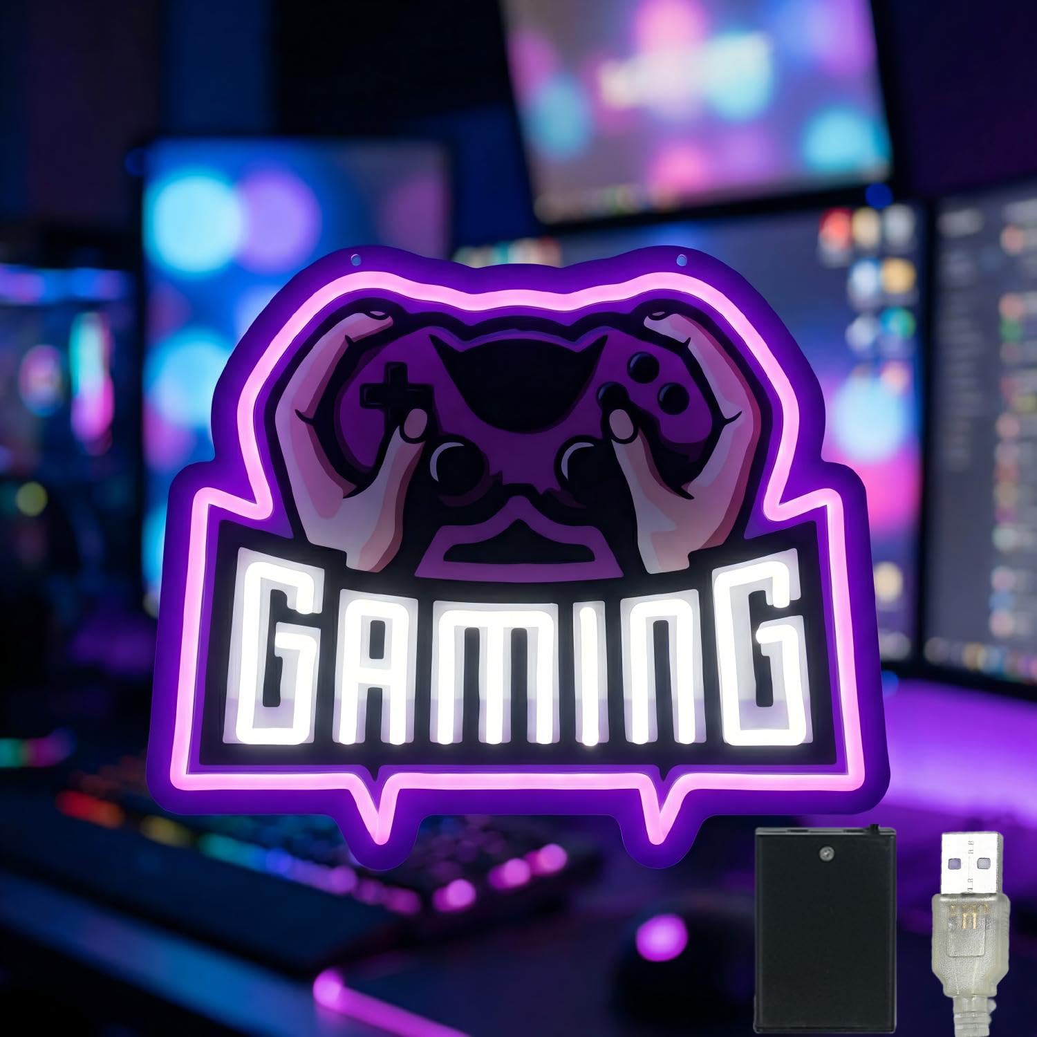 Insegna al neon per decorazione della stanza dei giochi, 36,3 x 30,2 cm, luce LED gamepad con oscuramento a 10 livelli, cartello da parete stampato UV per camera di adolescenti, USB o