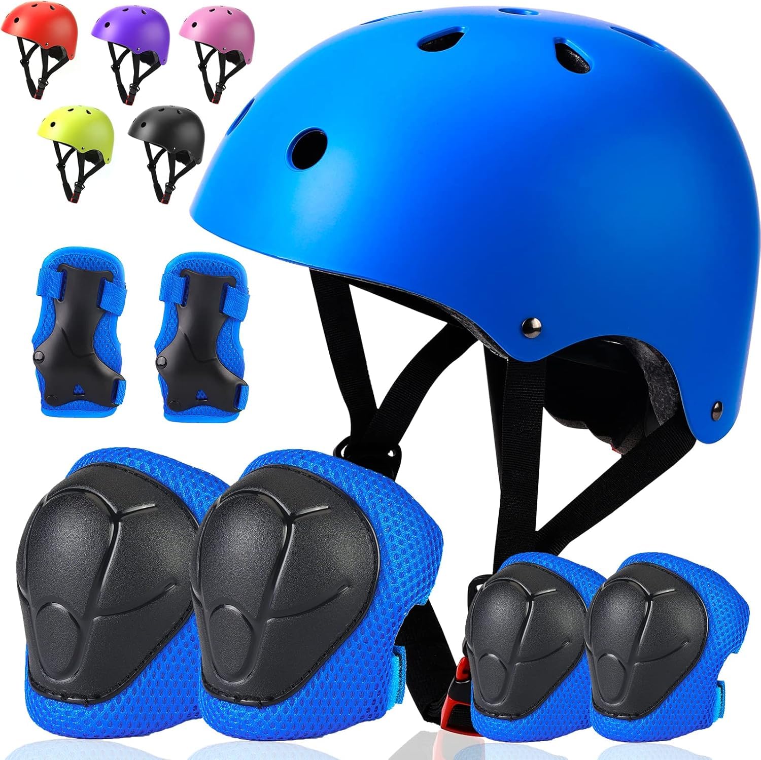 AM ANNA Kids Bike Helmet Set Skateboard Knee Pads - Kids Helmet Elbow Pads Wrist Guards Adjustable Protective Gear Set for Sport Cycling Bike Roller Skating Scooter Rollerblade (blue)