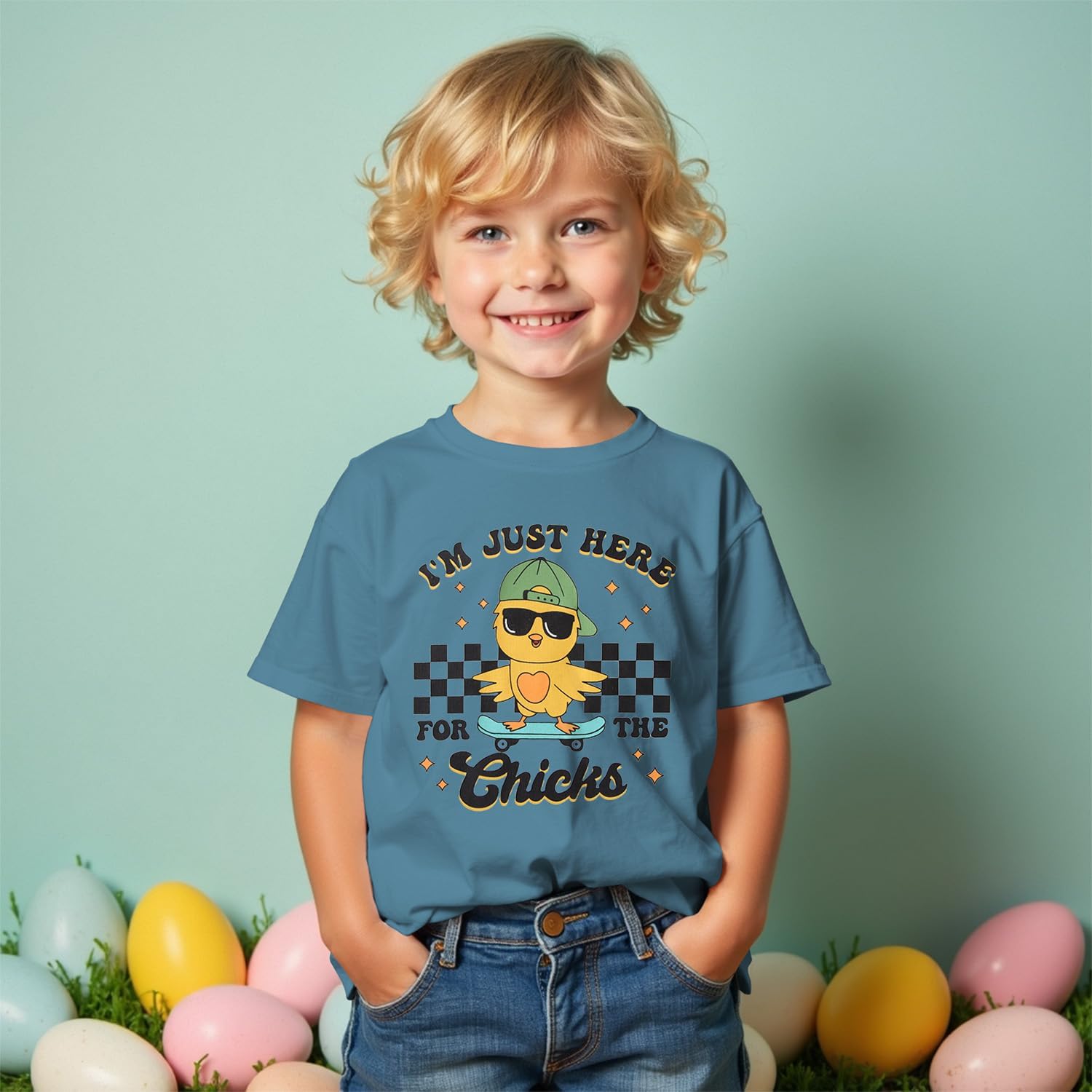 SOFEON Toddler Boy Easter Shirt I'm Just Here for The Chicks T-Shirt Funny Skateboard Chick Graphic Short Sleeve Tees Tops