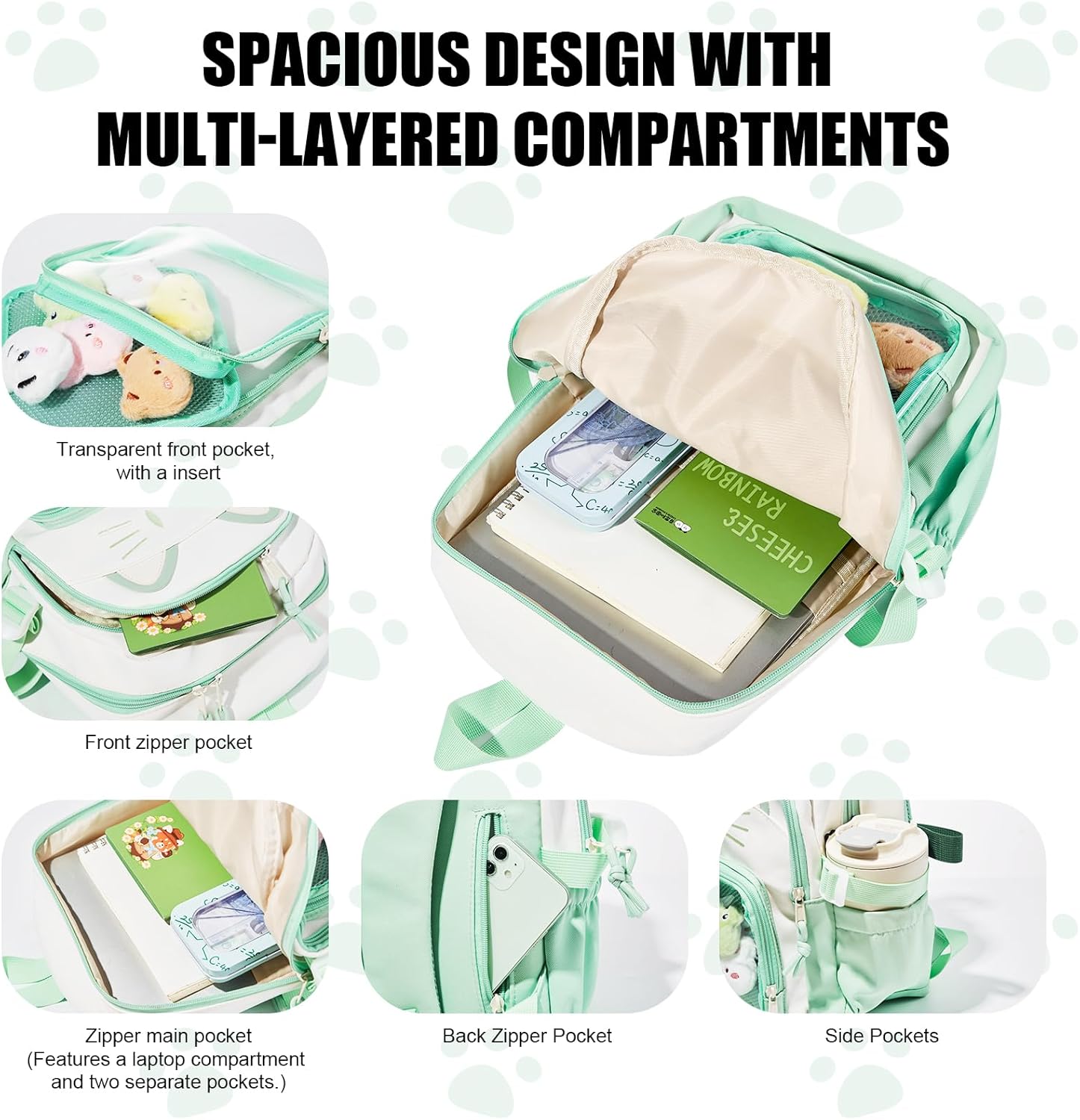 Kawaii Cat Ita Bag,Pin Purse,Pin Display Backpack Bag with Insert,For Daily Use and Cosplay,Gift for girls(green-white, Small)