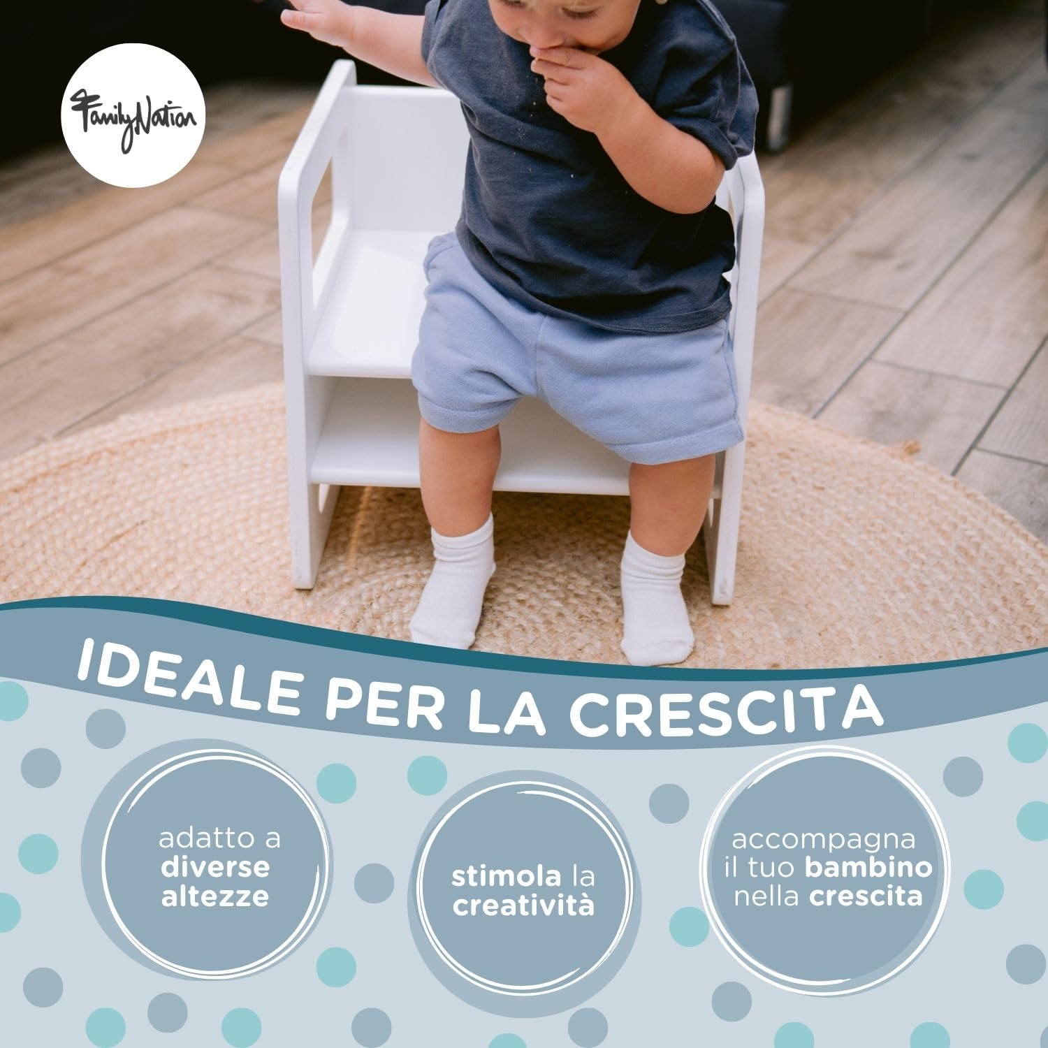 Family Nation, Sedia Montessoriana Evolutiva, Altezza Regolabile, per Bambini dai 10 ai 48 Mesi, Solida Struttura in Legno, Bianca, 35x35x35 cm