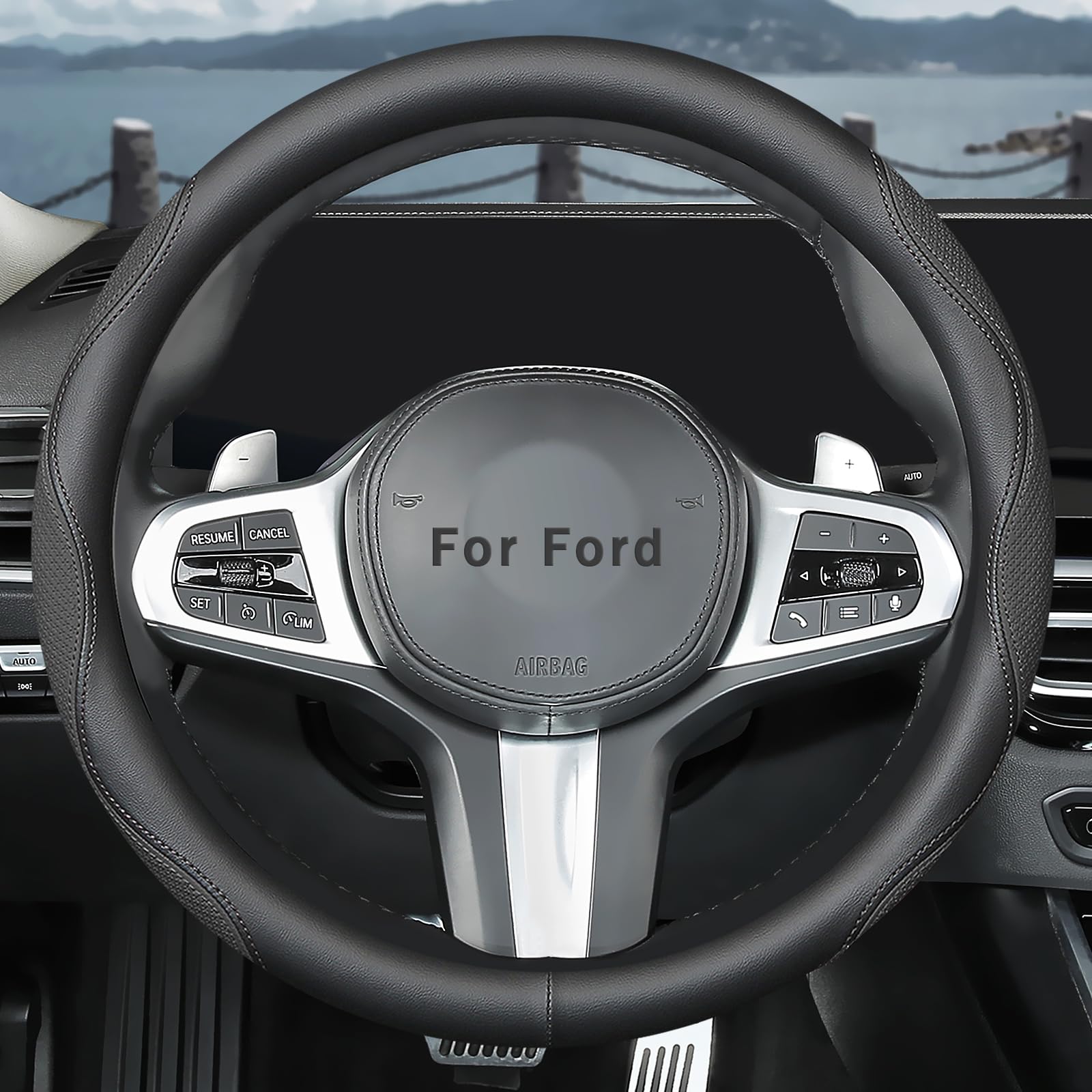 Custom-Fit Ford Steering Wheel Cover - Breathable Anti-Slip Leather Double Sided - Black Accessory for Ford