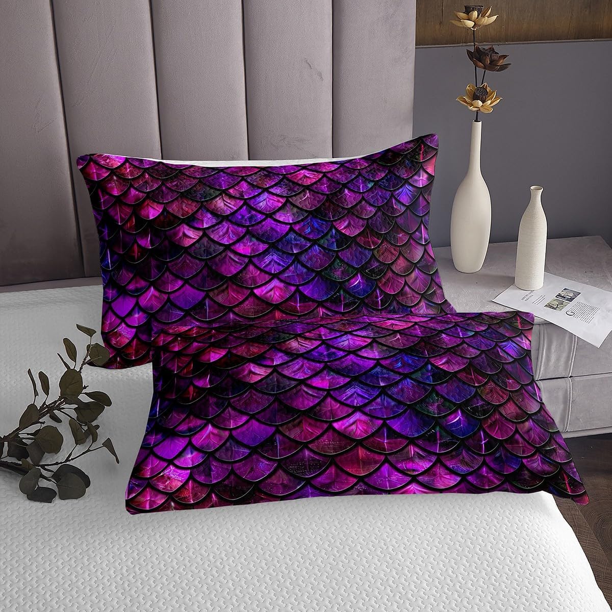Erosebridal Purple Scales King Bedspread Set for Boys Girls,Ocean Nautical Mermaid Scales Bedding Set for Kids Teens Adult,Fish Scales Sealife Bed Set,Underwater World Marine Squama Coverlet Set