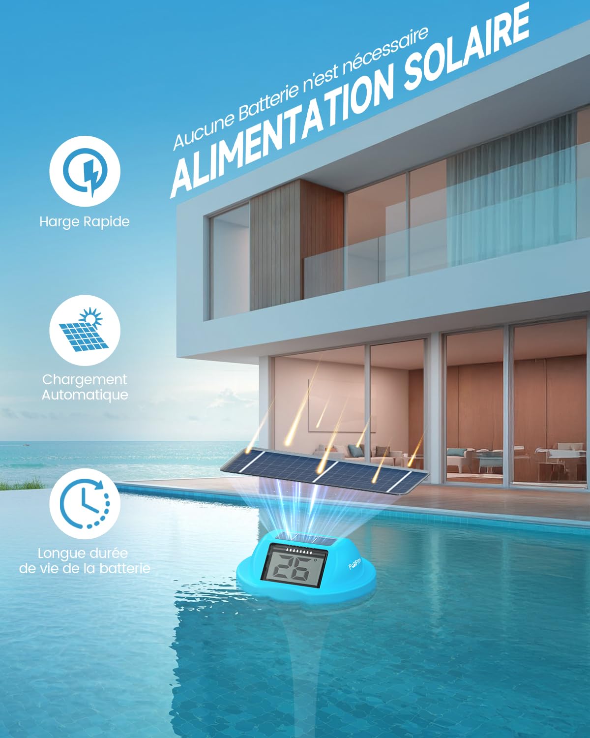 Thermometre Piscine à Double Écran, Lecture Facile, Thermomètre Piscine Flottant avec Affichage Numérique, Étanche IPX7 pour Spas, Bains Froids et Piscines (bleu)