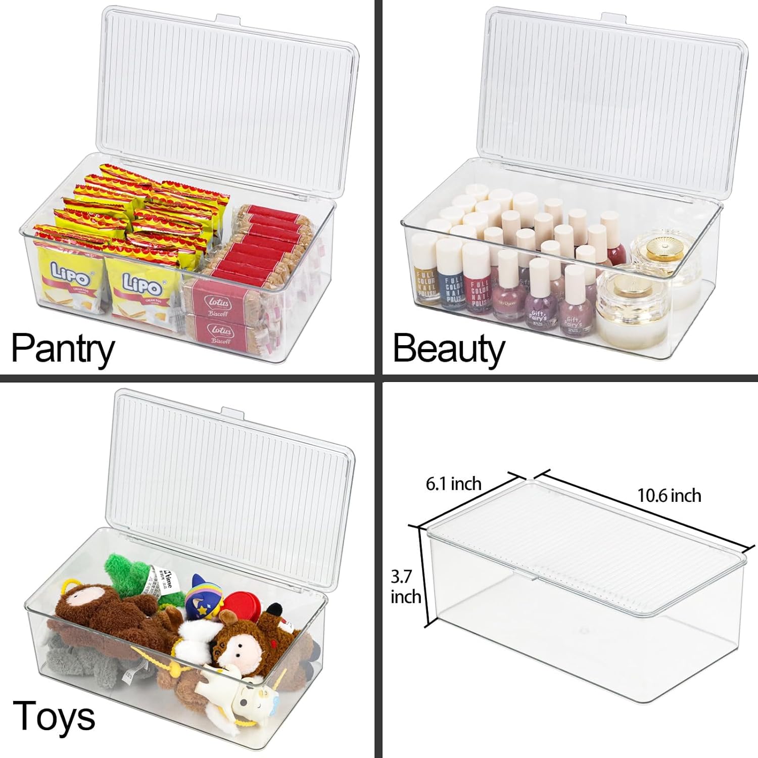 clear plastic storage bin with lid, makeuo holder, fridge organizer, refrigerator organizers and storage, small container for pantry, office, dresser, bathroom, kitchen, snack medium