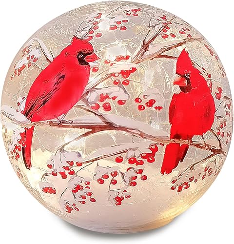 RANSCAH Luz de bola de vidrio Crackle LED luz nocturna con patrón de pájaro rojo, funciona con pilas, lámpara de esfera decorativa de mesa, lámpara