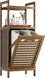 HITNET Mueble Ropa Sucia, Armario de Baño con 1 Cesta de Ropa Sucia y 2 estantes Abiertos, 40L Bolsa Interior Extraíble con Asas para Sala de Estar y Dormitorio, Nogal