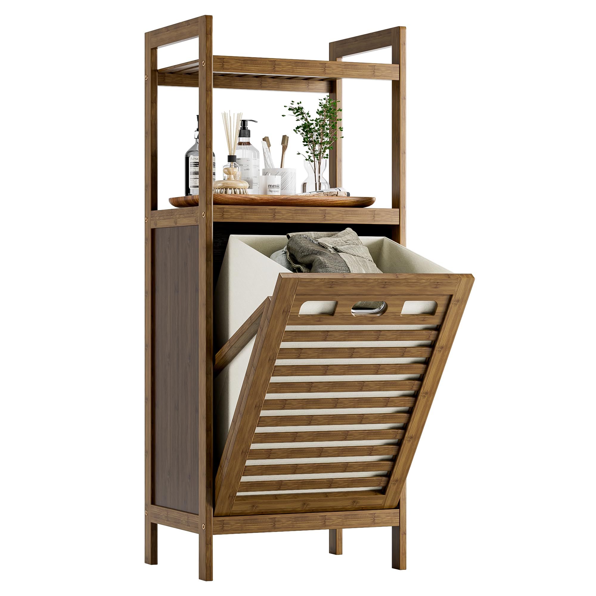 HITNET Bamboo Tilt Out Laundry Hamper, Bathroom Storage Cabinet with Hidden Removable Basket and 2 Open Shelves, Space Saving Bamboo Storage for Clothes, Towels and Toys, Walnut