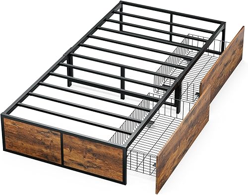 Miniatura 14 de GAZHOME Base de cama individual XL con 2 cajones de almacenamiento XL, marco de cama de plataforma de metal con estribo, 9 soportes de listones de