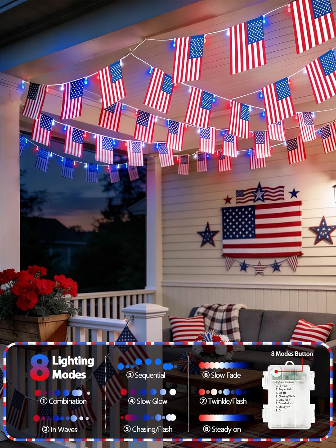 4th of July Patriotic Lights, 2PK 48FT 100LED Red White Blue String Lights with 50 American Flags, Battery Operated Waterproof 8 Modes & Remote & Timer for 250th Anniversary Independence Day Decor