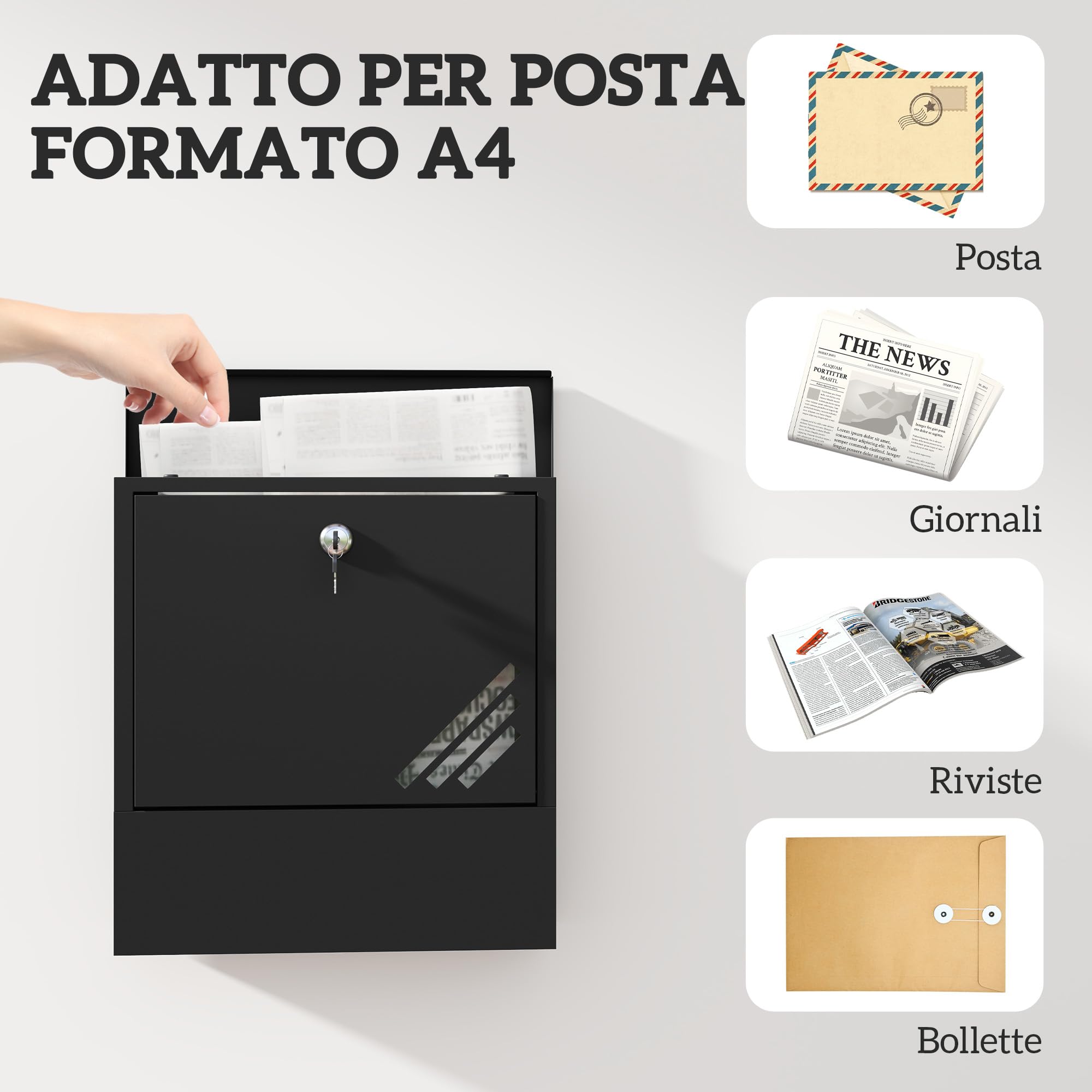 HOMCOM Cassetta Postale a Muro con Finestrella, Serratura e 2 Chiavi, Cassetta delle Lettere Max A4 in Metallo, 30x8.5x32.5 cm, Grigio Carbone
