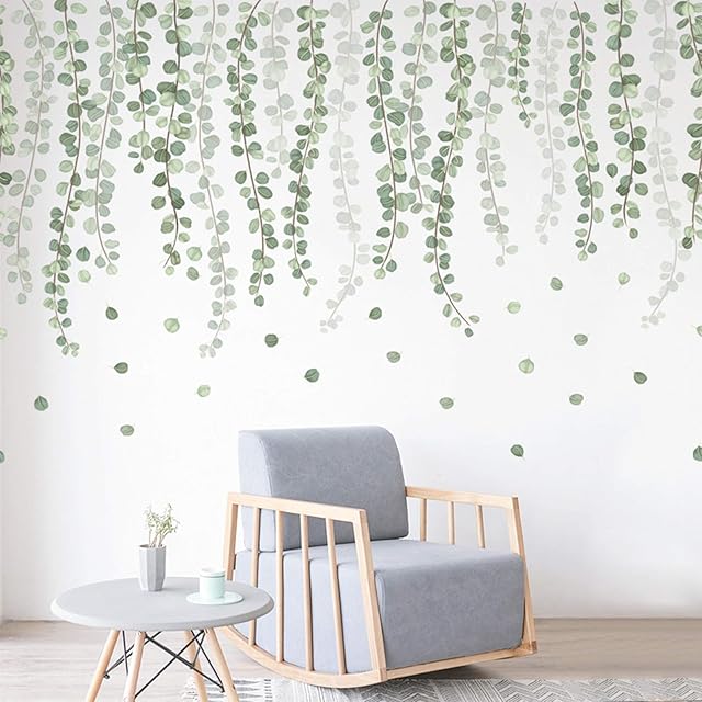 Hanging Green Vine Wall Decal Stickers for Bedroom Living Room, Removable Eucalyptus Green Plants Leaves Wall Art Mural Decor Home Nursery Office Decorations, 100cm X 50cm(A)