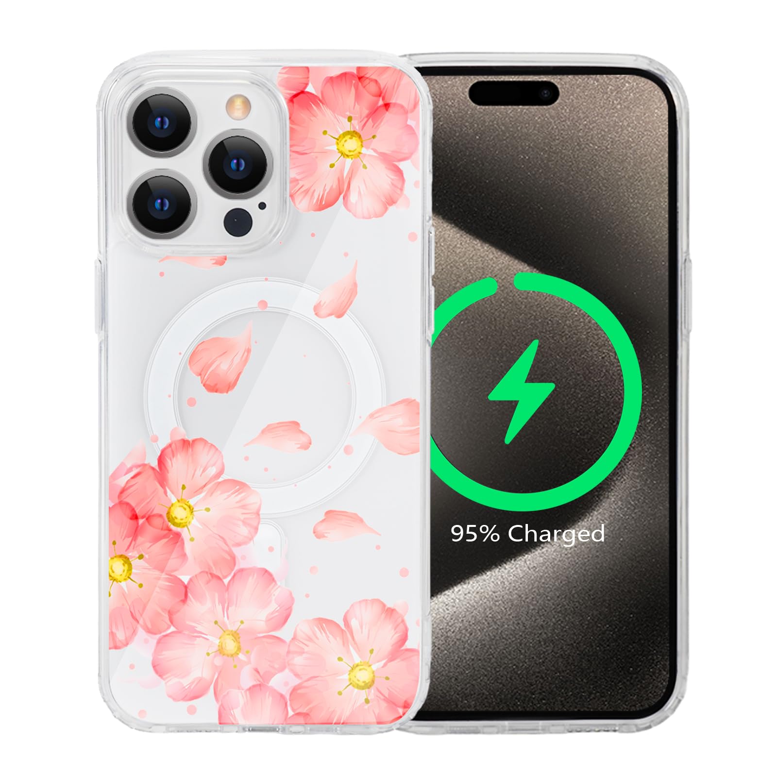 Tcaraersing for iPhone 15 Pro Max Flower Magnetic Case Compatible with MagSafe Floral Pattern Clear Shockproof Transparent PC Back Soft TPU Slim Thin
