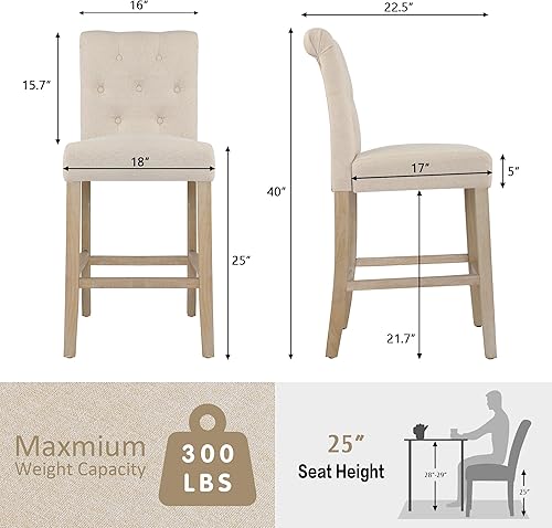 Miniatura 2 de GOTMINSI Juego de 2 taburetes de bar de 24 pulgadas para isla de cocina, taburetes de bar tapizados de altura de mostrador con decoración copetuda,