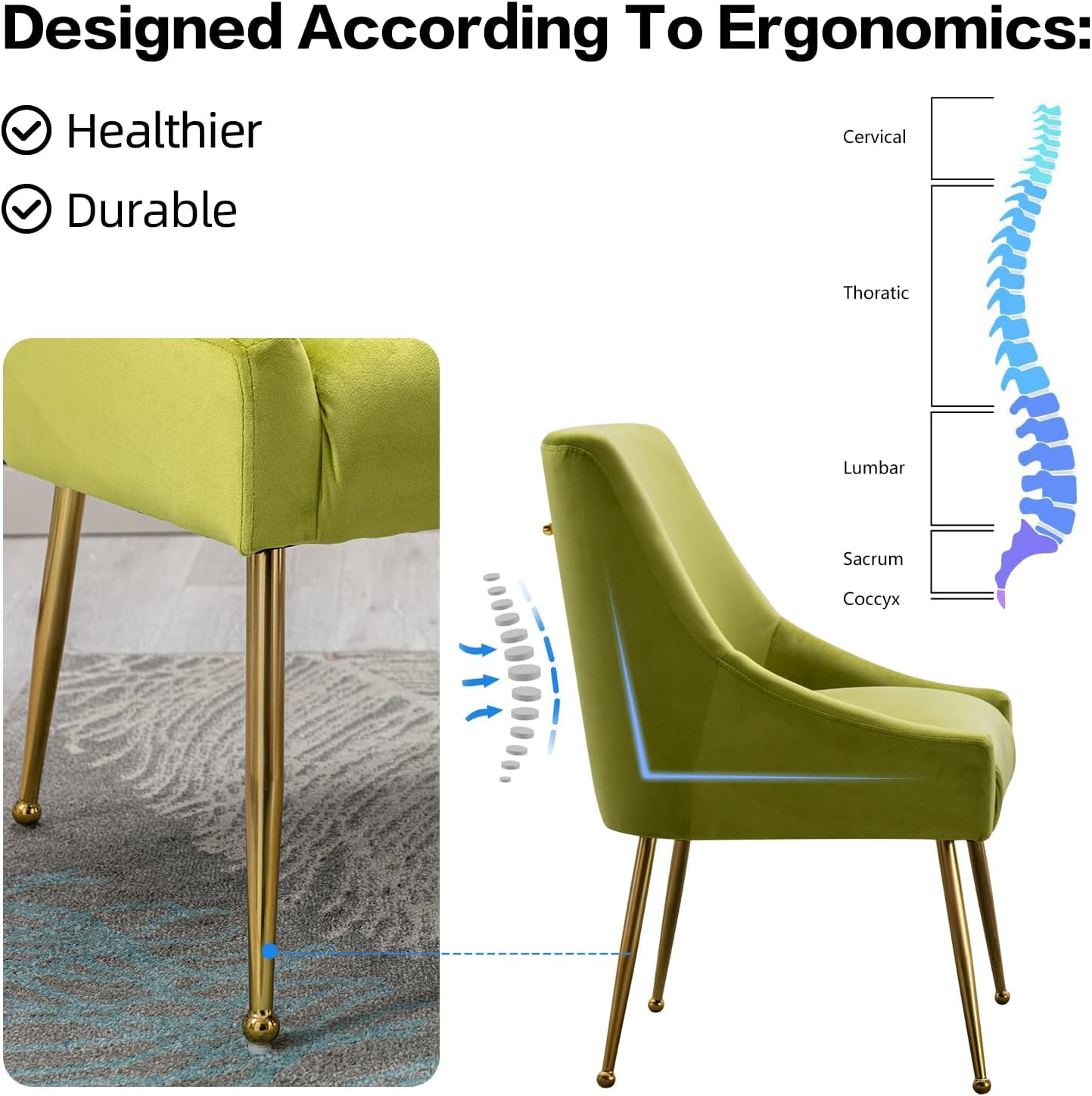Dining Chairs Set of 2, Upholstered Velvet Dining Room Kitchen Side Chairs, Modern Accent Chair with Cushion and Sturdy Metal Legs, Vanity Chairs, Living Room Chairs (Yellow Green)