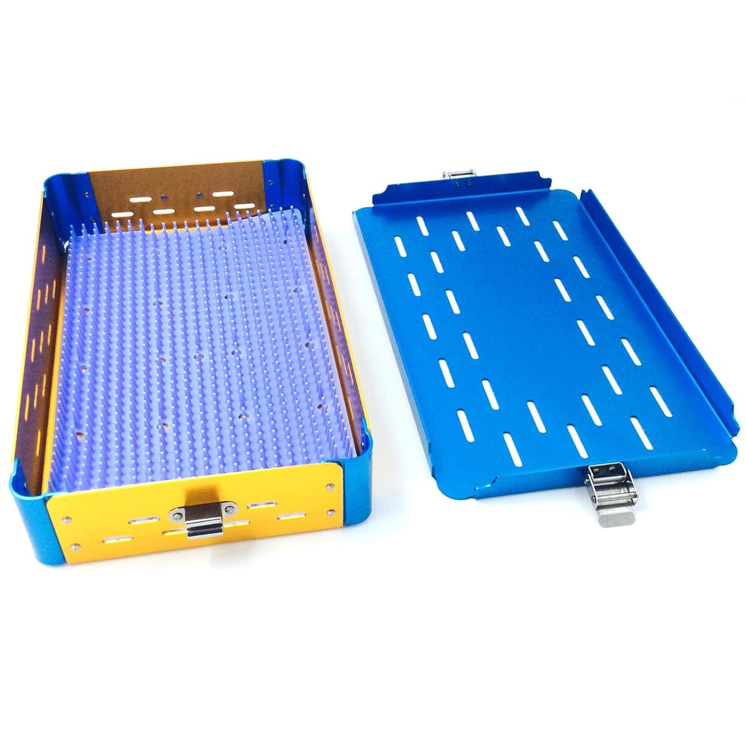 Caja de esterilización de instrumentos quirúrgicos médicos, bandeja de cesta ultrasónica de desinfección de aluminio con estera de silicona