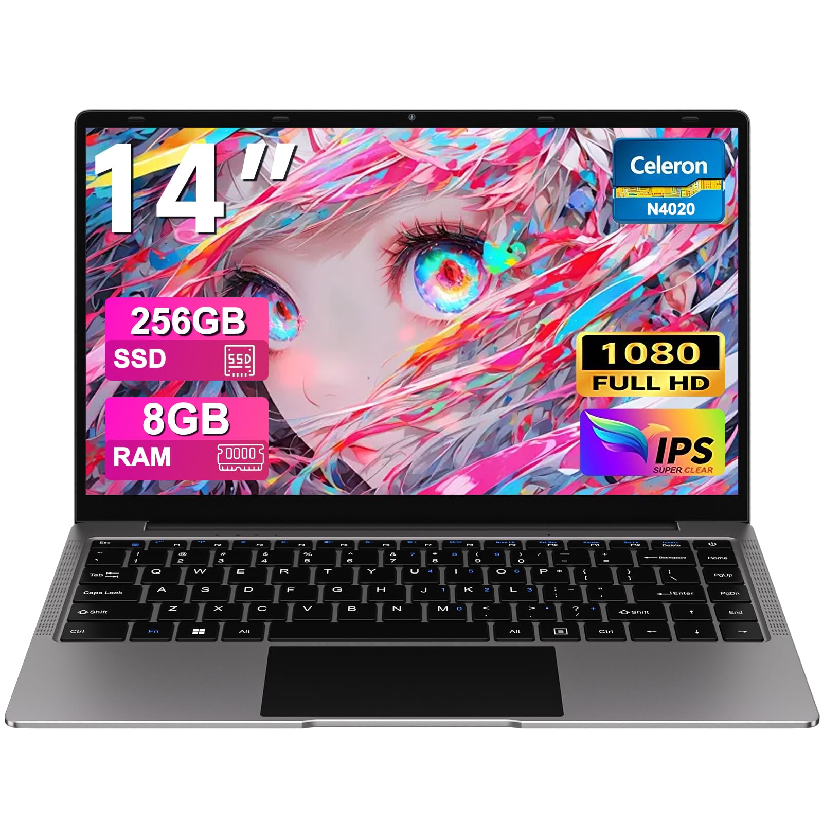 bvate PC Portatile 14 Pollici Notebook, 8GB RAM 256GB SSD, Processore Celeron Fino a 2.8GHz, Win11 con Mouse Wireless e Adesivi Tastiera Italiana - Grigio