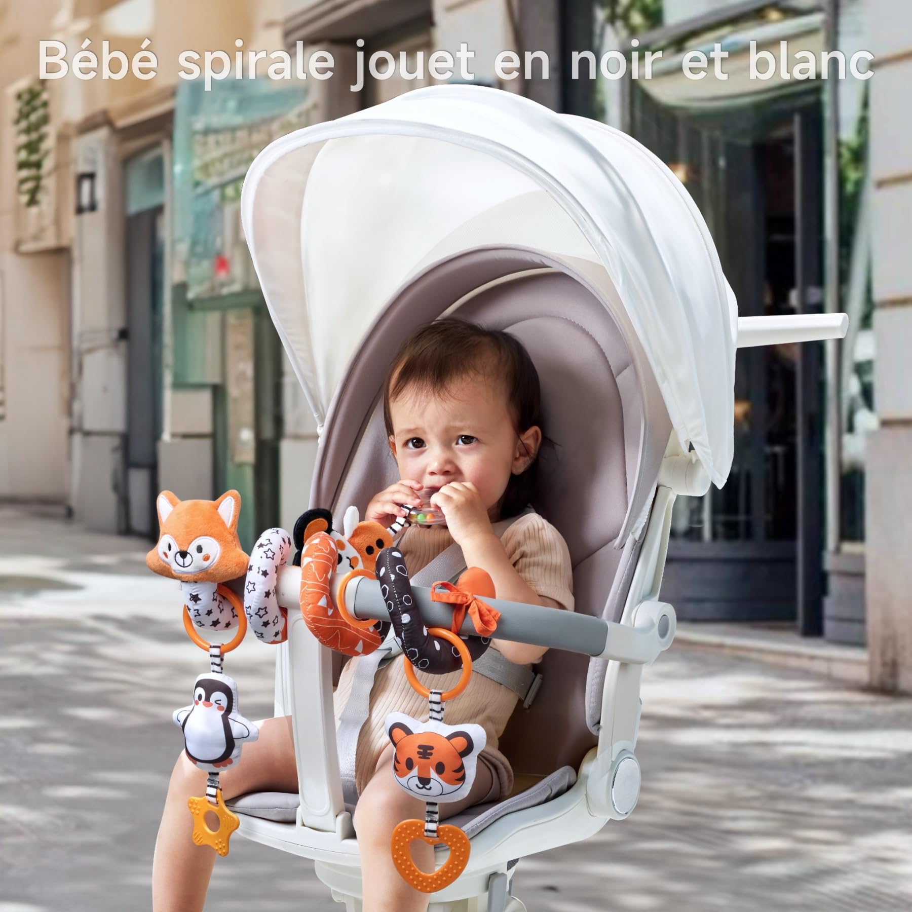 TUMAMA Noir Et Blanc Spirale D'activité Bébé, Eveil Poussette Jouet pour Bebe 0 3 6 9 Mois, Jeux Suspendre avec Hochet Et Anneaux De Dentition pour Auto, Stroller Arch, Berceau, Peluche Jouets Cadeau