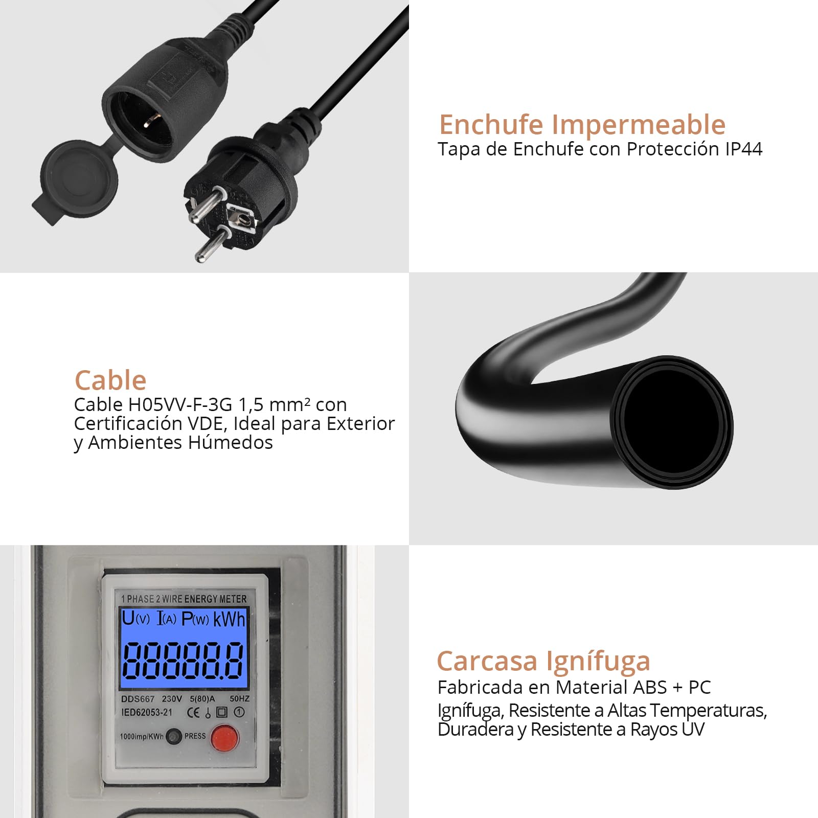 KAMTOP Medidor Energía Eléctrica Monofásico Digital 230V Contador kWh 80A | Medidor Energía Eléctrica Monofásico, Contador kWh, Vatímetro Digital, Monitor Consumo, IP65, 230V 80A, Cable H07RN-F