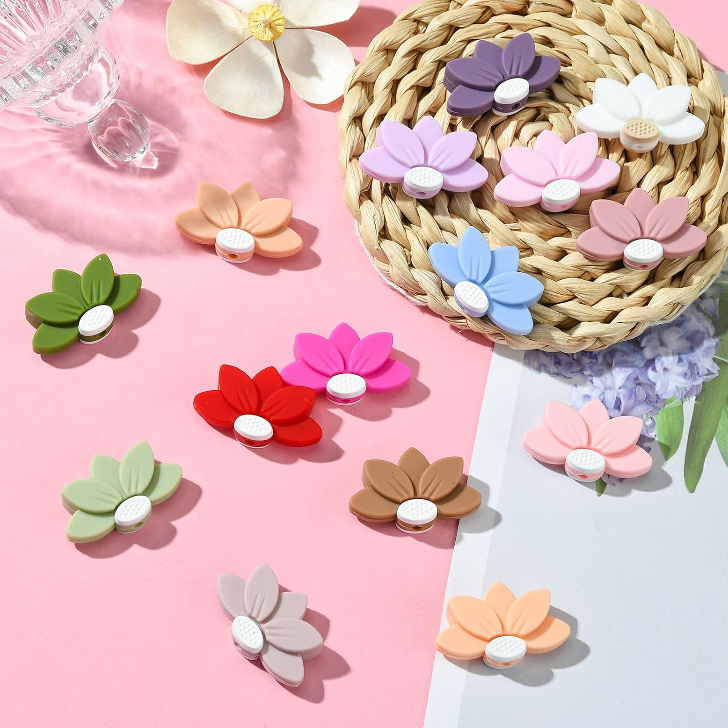 LiQunSweet 15 Pcs 15 Colors Flower Lotus Beads Silicone Beads Lotus Flower Spacer Beads Lotus Beads for Jewelry Making Beaded Bracelet Earrings Necklace