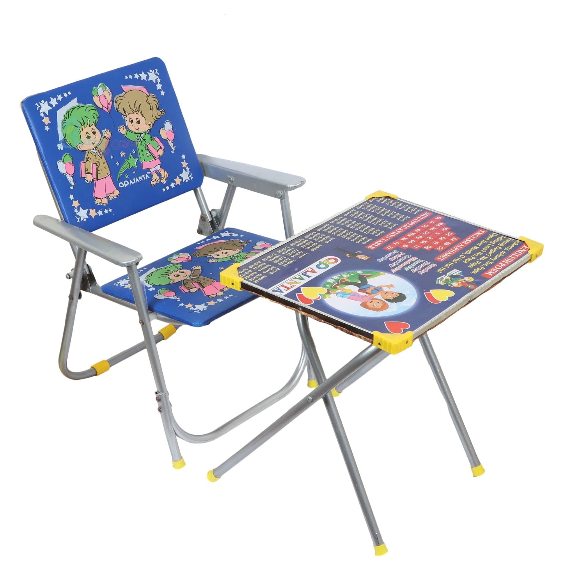 Kids Table and Chair Set, ABCD, Weekdays, Cartoon Printed Rounded Edges Foldable Study Table and Chair Set