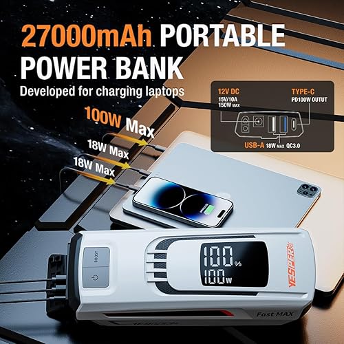 Miniatura 4 de YESPER Paquete de batería de arranque de impulso 4120A 27000mAh Cargador de batería de coche Arrancador auxiliar (todo gashasta 10L diésel) 100W