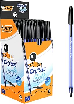 BIC Cristal Soft Ballpoint Pen, Black, Box of 50, 1.2mm Medium Thickness Type, Transparent Body, Perforated Cover