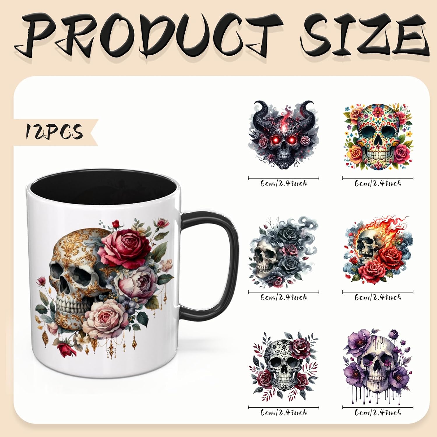 UV DTF Cup Wrap 12 Sheets Transfer Waterproof Sticker, Halloween Skeleton Rub on Transfer Sticker for DIY Water Bottle, 2.63 x 2 Inches