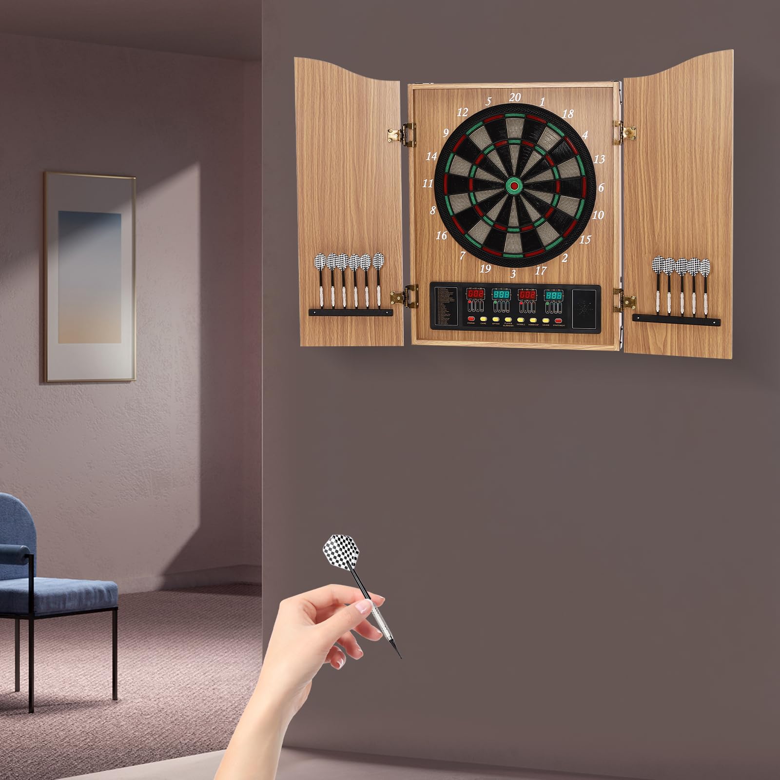 Dart Board Cabinet Smart Dartboard with 12 Darts Electronic Dart Board with Digital Cricket Scorekeeping and Dart Set Perfect for Family Game Rooms (Yellow)