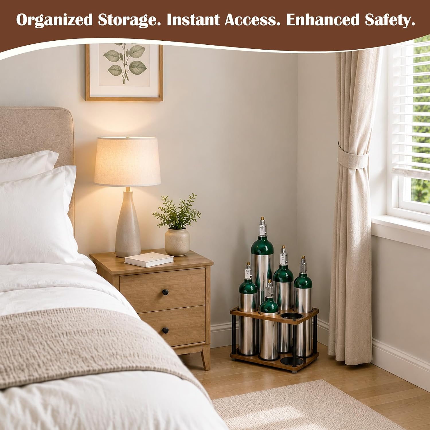 Oxygen Tank Holder, Oxygen Tank Storage Rack for 6 E, D, M9 and C Cylinders, 4.5 Inch Slots, Wall Mount Brackets, Elastic Straps, Steel Posts, Wood Grain Floor Stand